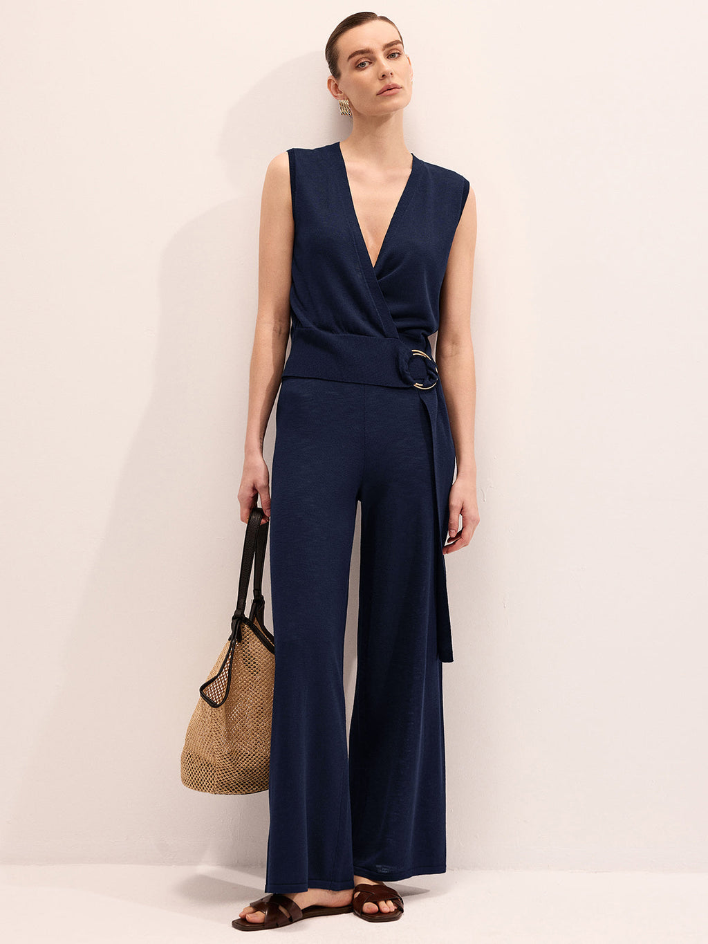 Wrap V-Neck Knit Top & Pants Set