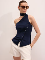 One Shoulder Buttoned Tie Neck Knit Top