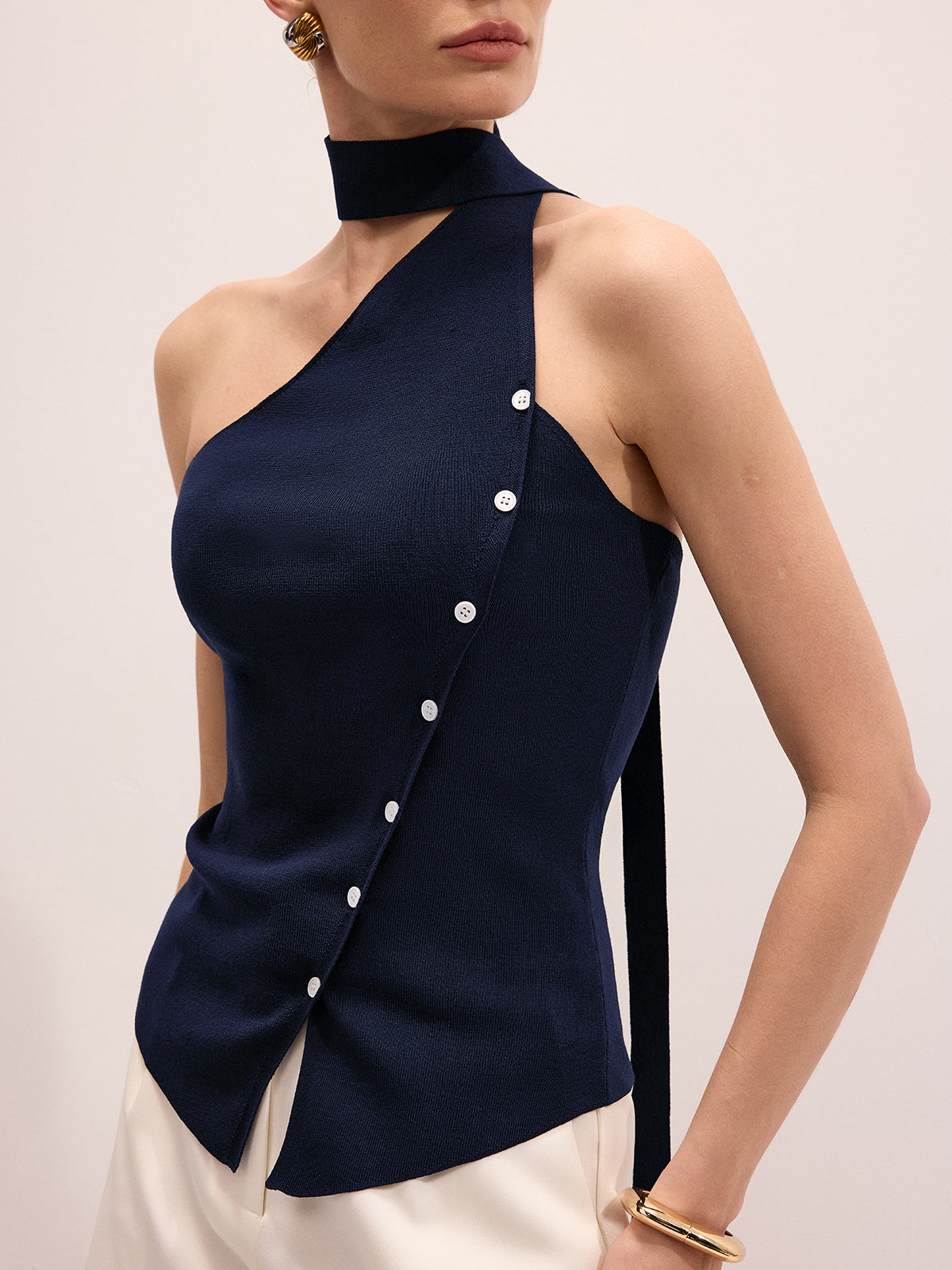 One Shoulder Buttoned Tie Neck Knit Top
