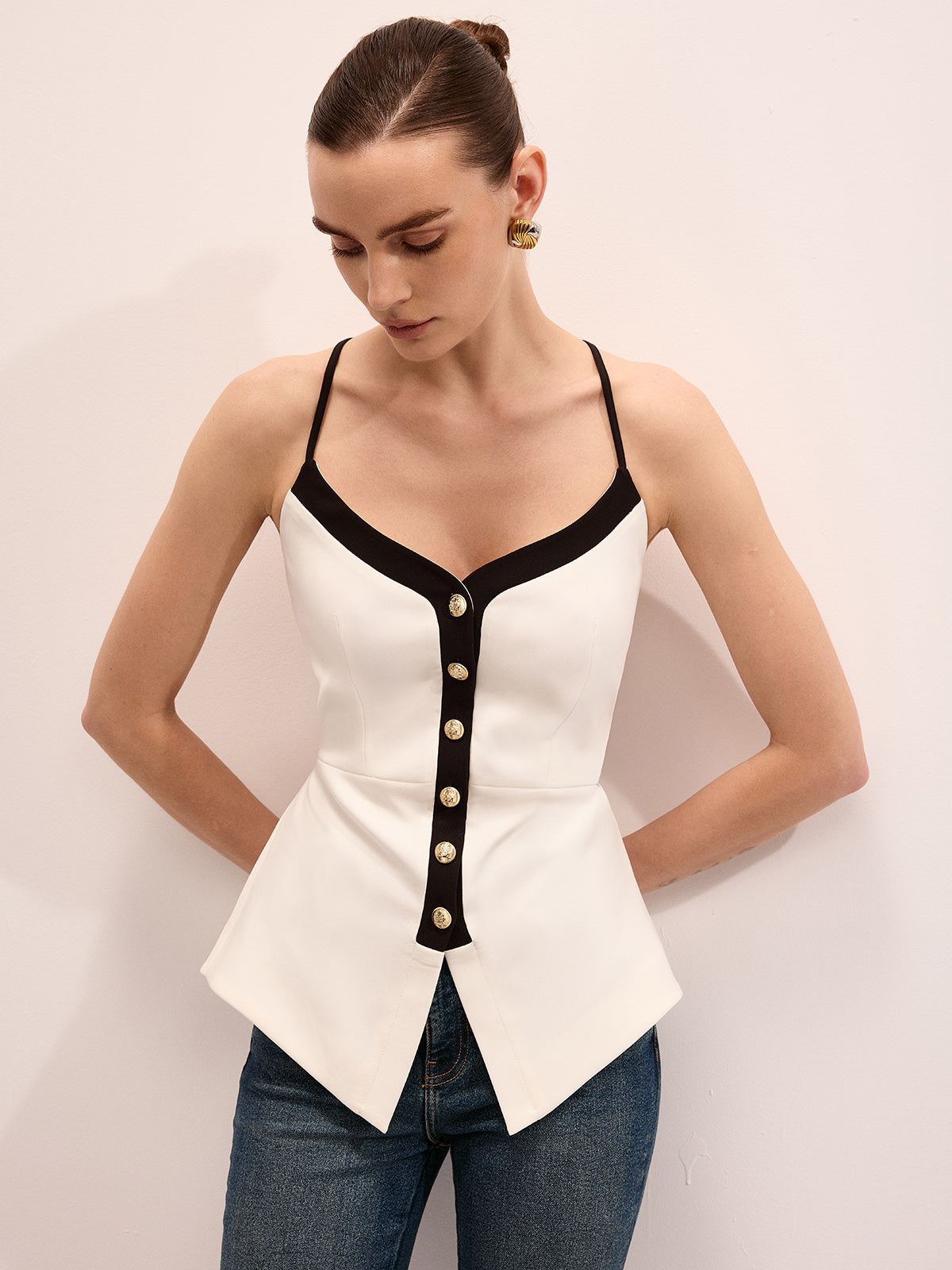 Metal Button Peplum Cami Top