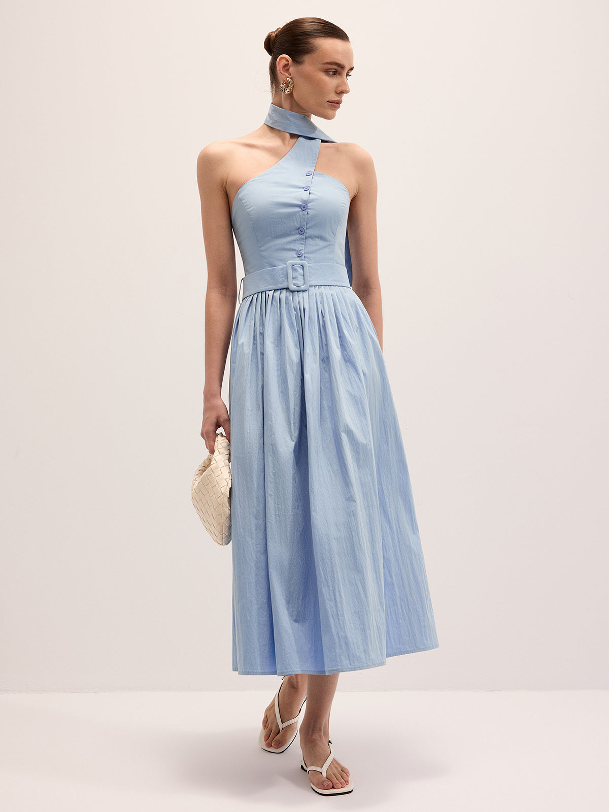 Halter Neck Cotton Blend Belted Maxi Dress