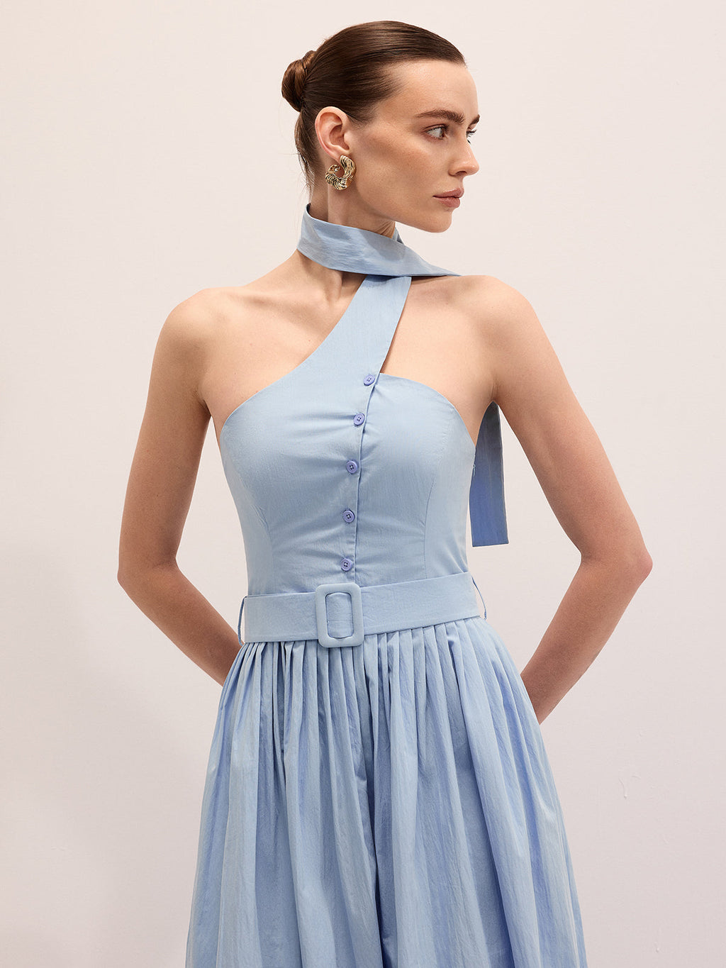 Halter Neck Cotton Blend Belted Maxi Dress
