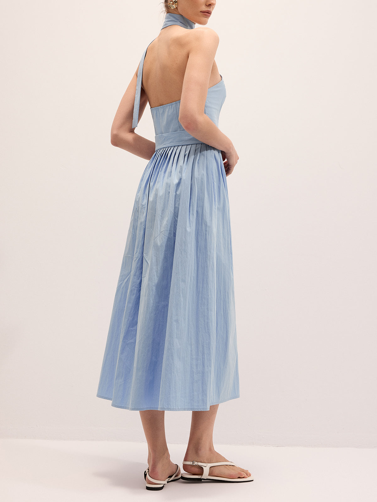 Halter Neck Cotton Blend Belted Maxi Dress