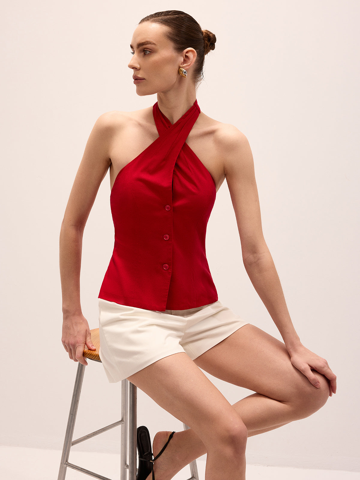 Linen Blend Crisscross Halter Top