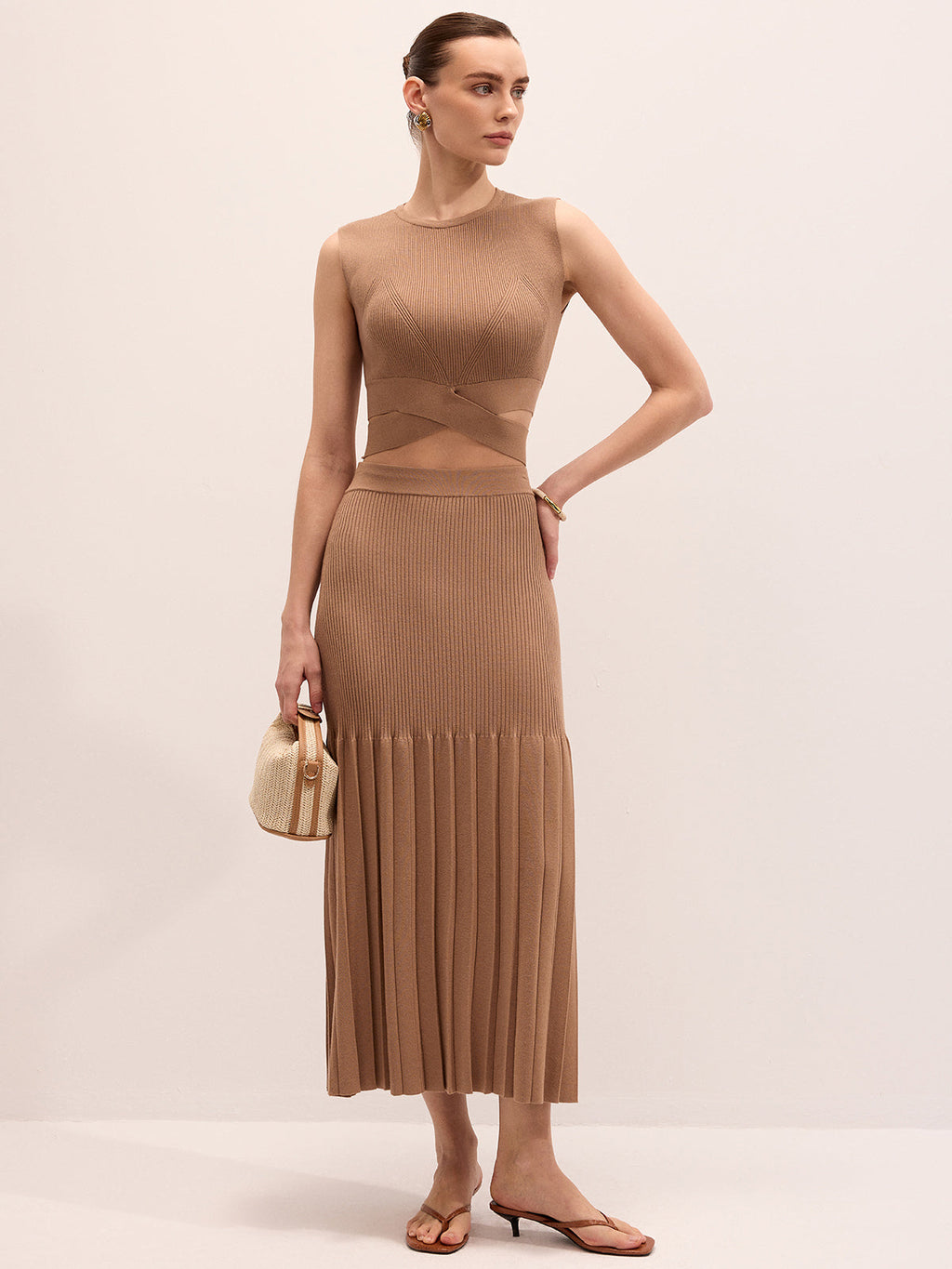 Cut-Out Knit Top & Pleated Midi Skirt Set