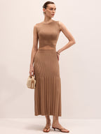Cut-Out Knit Top & Pleated Midi Skirt Set