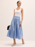 Cotton Blend Ruched Waist Midi Skirt