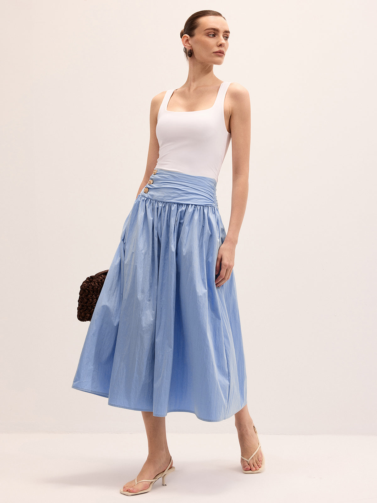 Cotton Blend Ruched Waist Midi Skirt