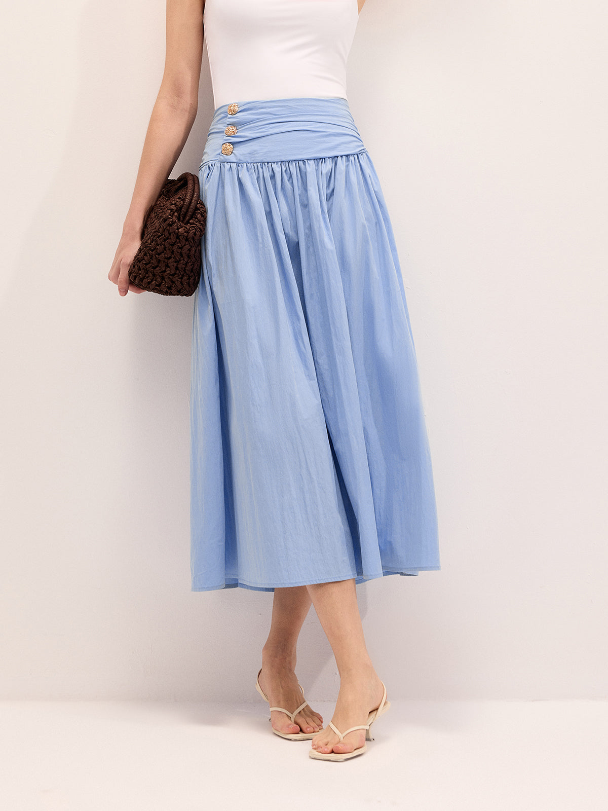 Cotton Blend Ruched Waist Midi Skirt