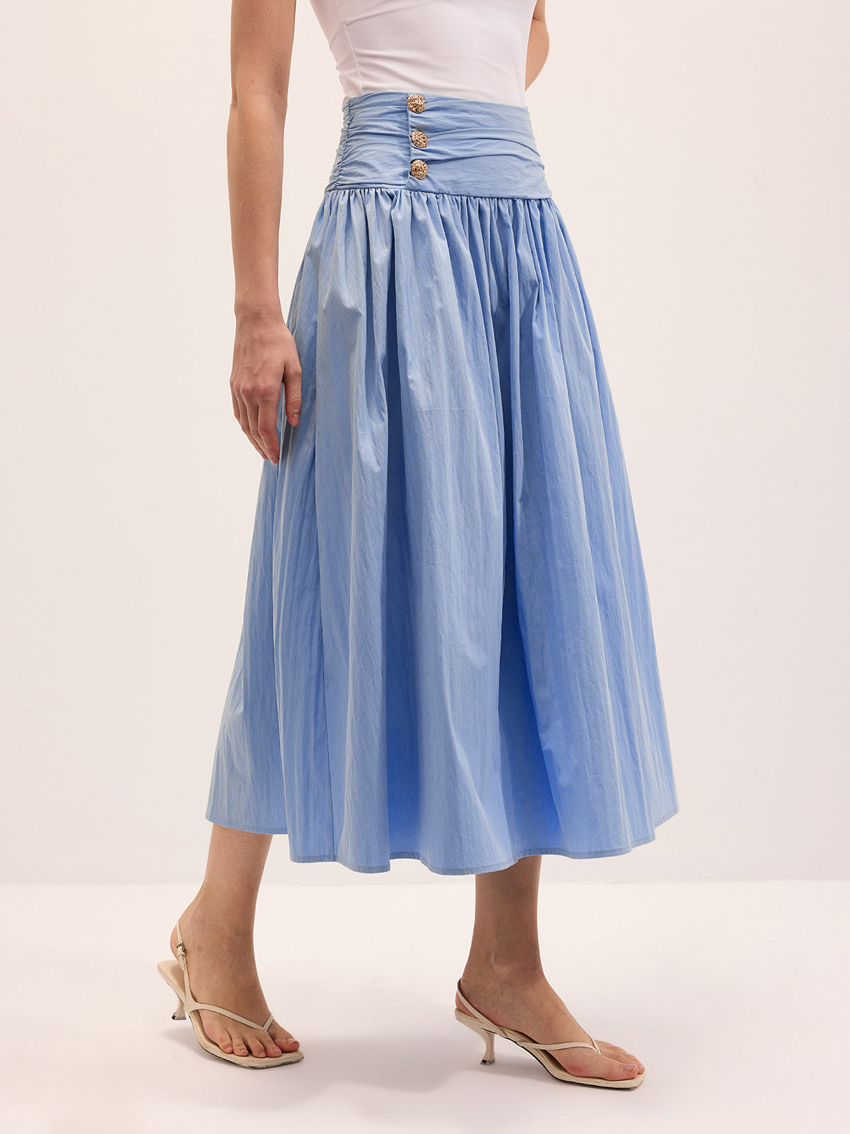Cotton Blend Ruched Waist Midi Skirt