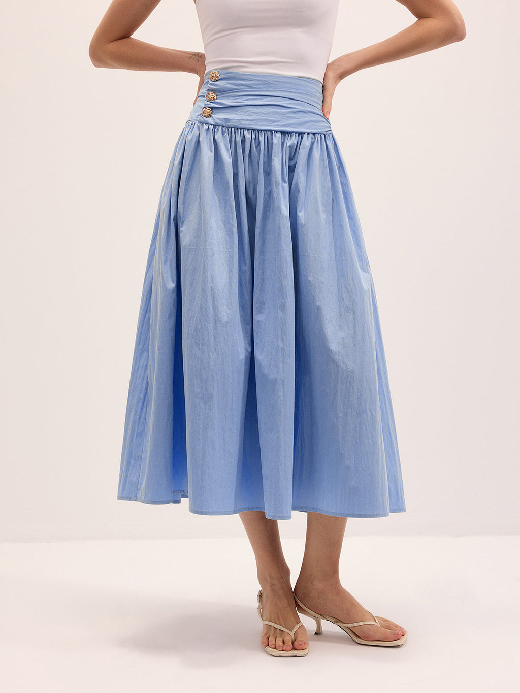 Cotton Blend Ruched Waist Midi Skirt