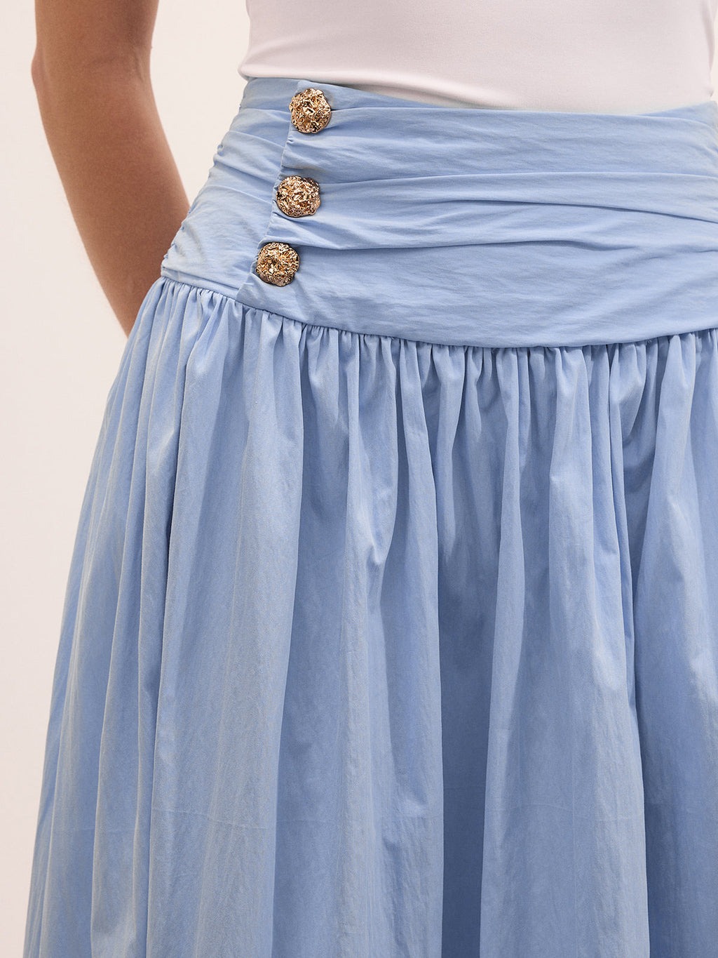 Cotton Blend Ruched Waist Midi Skirt