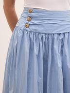 Cotton Blend Ruched Waist Midi Skirt