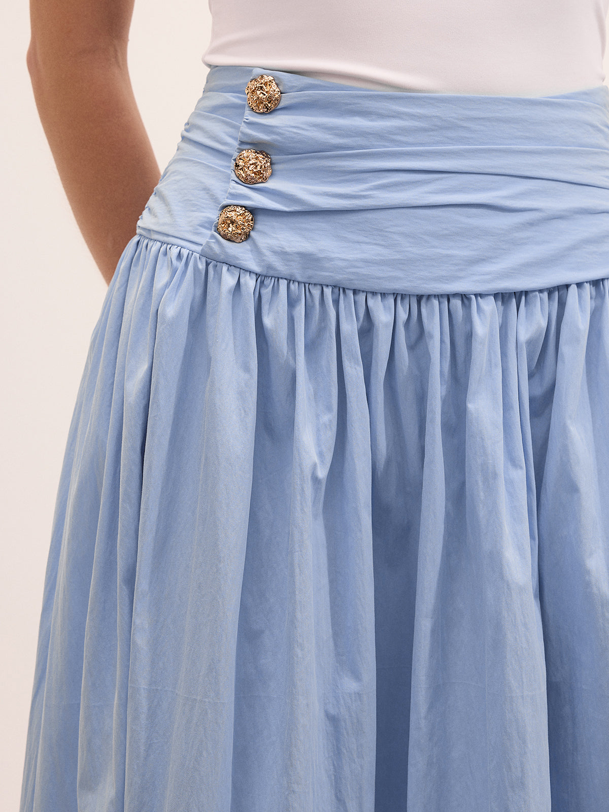 Cotton Blend Ruched Waist Midi Skirt