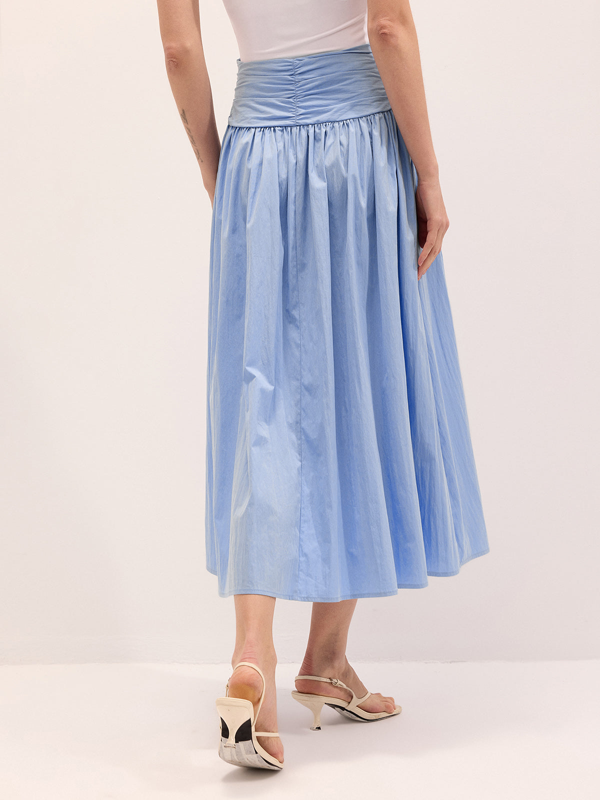 Cotton Blend Ruched Waist Midi Skirt