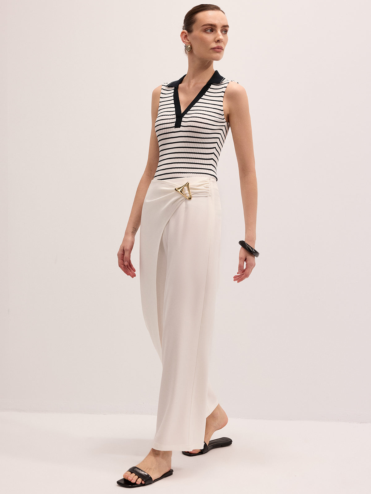 Striped Collared Sleeveless Knit Top