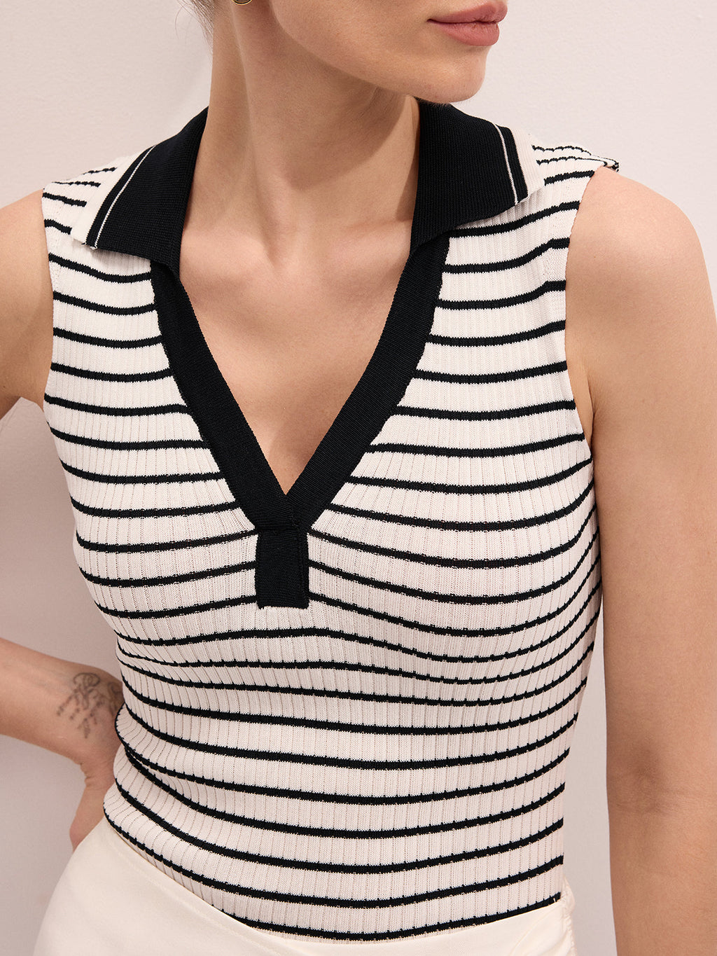 Striped Collared Sleeveless Knit Top