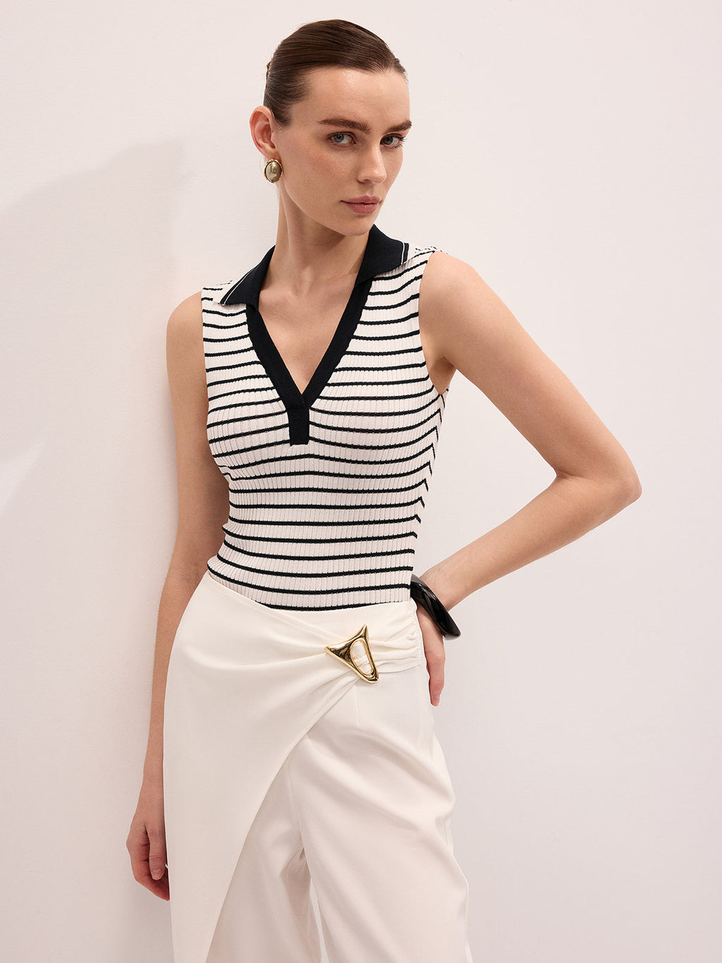 Striped Collared Sleeveless Knit Top