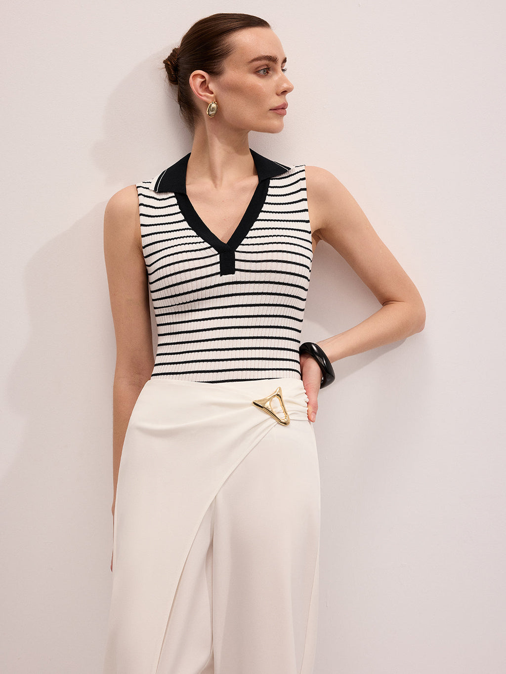 Striped Collared Sleeveless Knit Top
