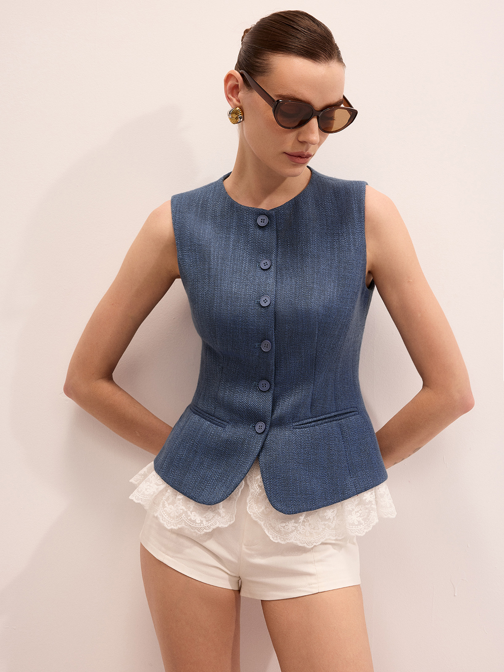 Lace Hem Button Front Slim Vest