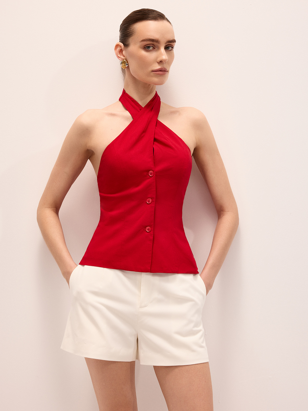 Linen Blend Crisscross Halter Top