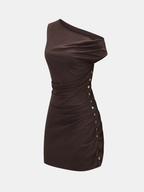 Cotton Linen One-Shoulder Ruched Mini Dress