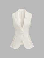 Lace Panel Frog Button Linen Blend Blazer Vest