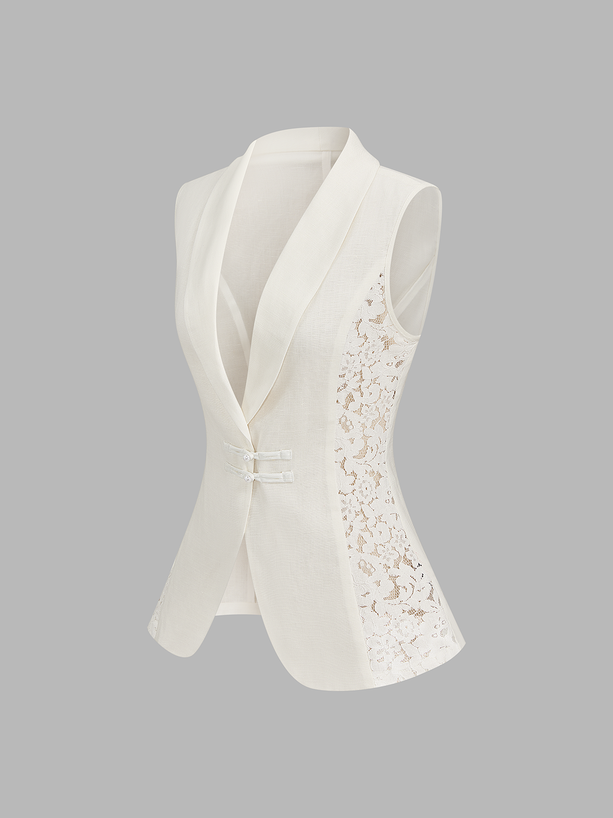 Lace Panel Frog Button Linen Blend Blazer Vest