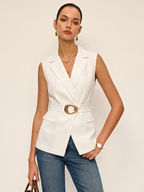 Metal Buckle Linen Blend Sleeveless Blazer Vest