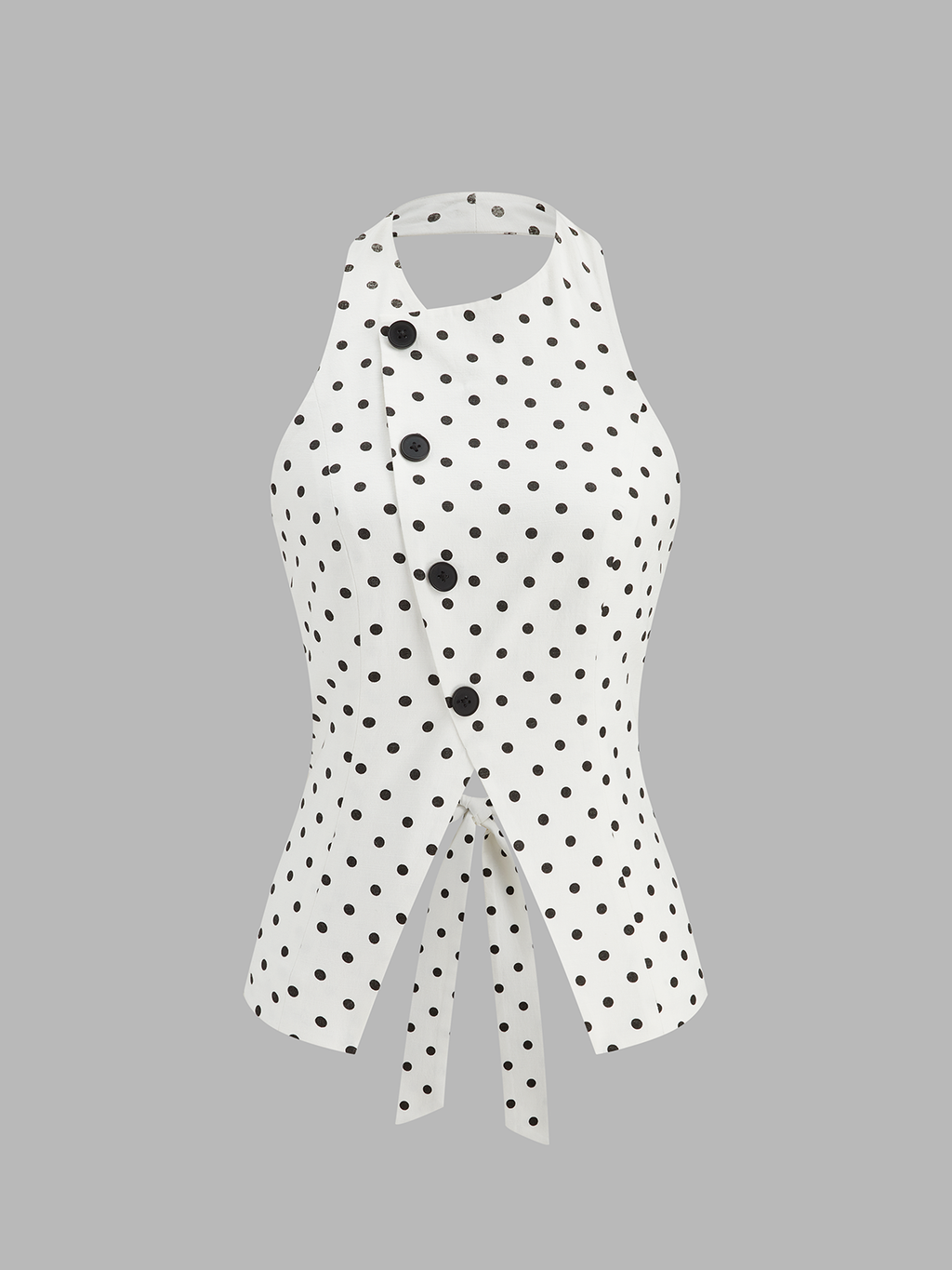 Polka Dot Halter Decorative Button Tie-Back Top