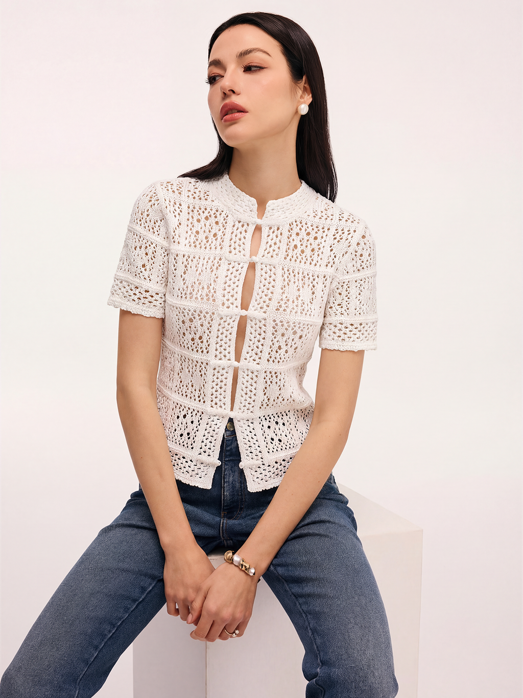 Frog Button Crochet Knit Short Sleeve Top