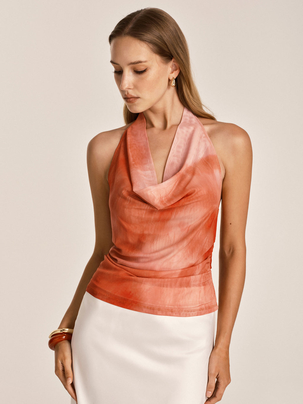 Tie Dye Cowl Neck Halter Mesh Top