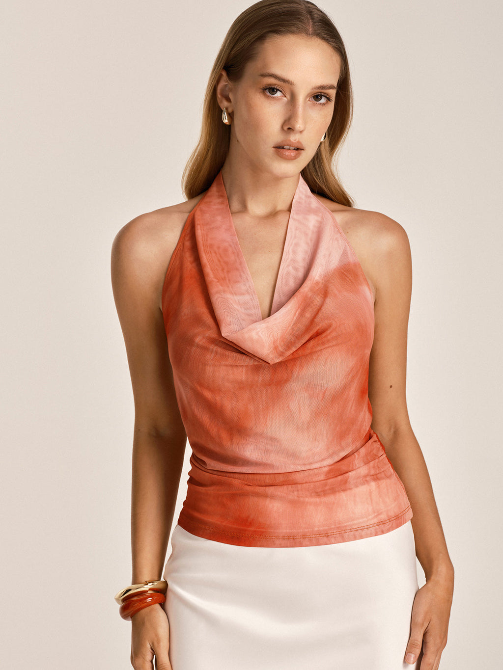 Tie Dye Cowl Neck Halter Mesh Top