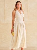 Halter V Neck Jacquard Maxi Dress