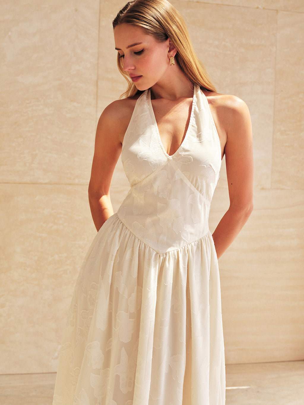 Halter V Neck Jacquard Maxi Dress