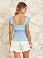Ruffle Square Neck Eyelet Knit Top