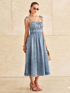 Denim Tie-Strap Tiered Midi Dress