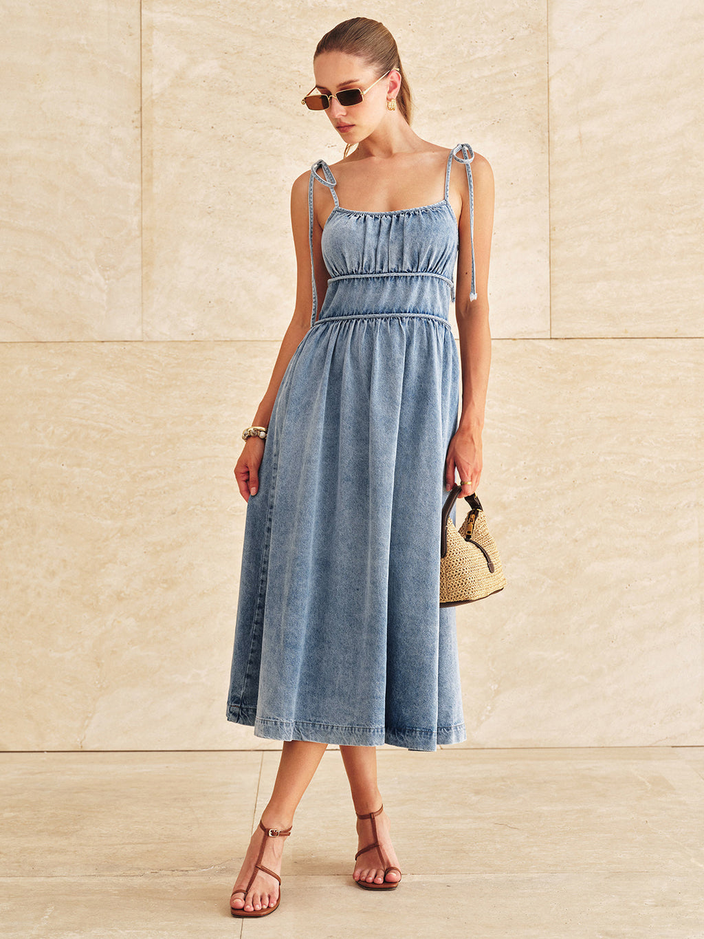 Denim Tie-Strap Tiered Midi Dress