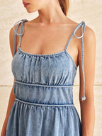 Denim Tie-Strap Tiered Midi Dress