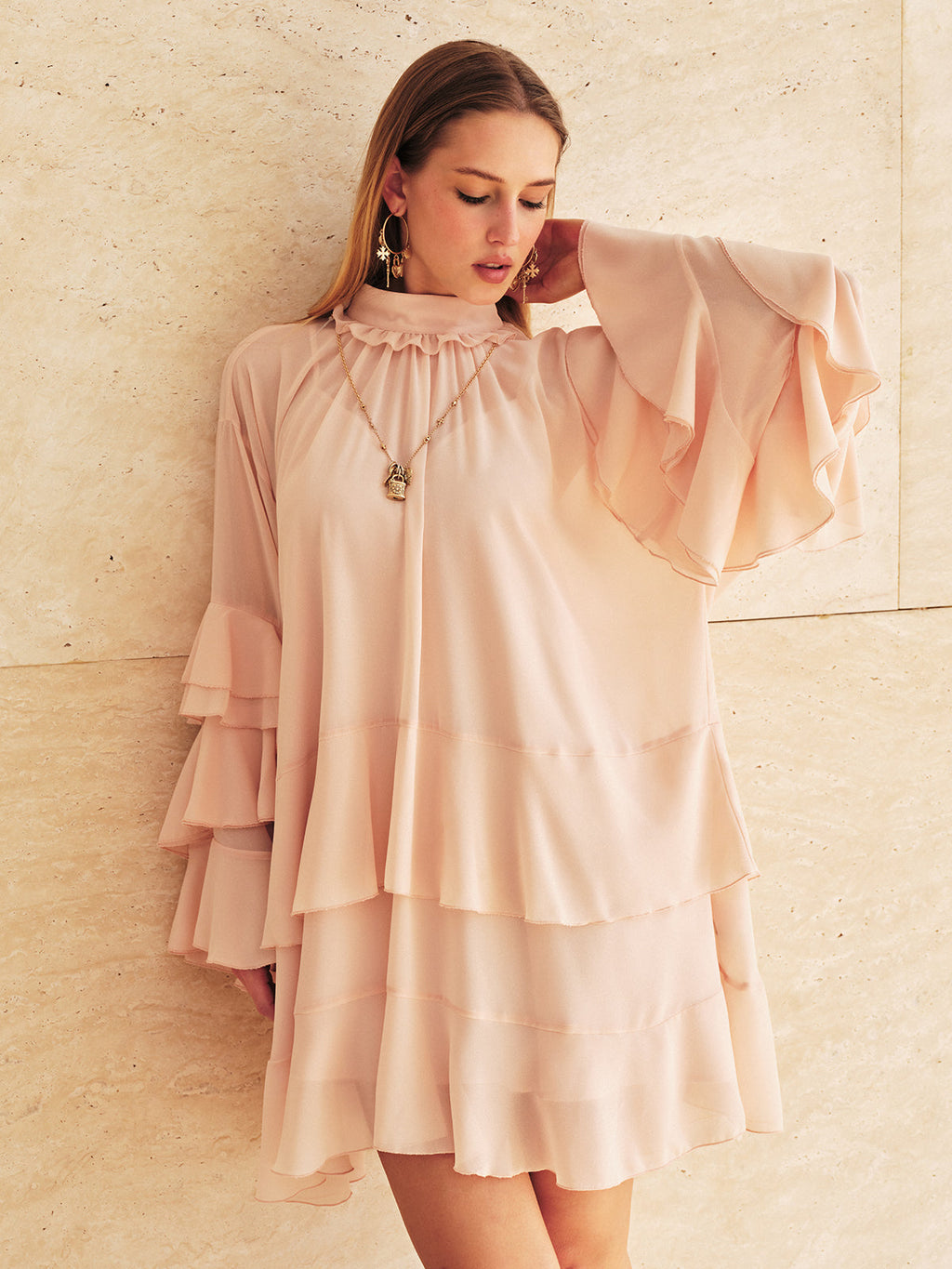 Ruffled Tiered Loose Chiffon Mini Dress