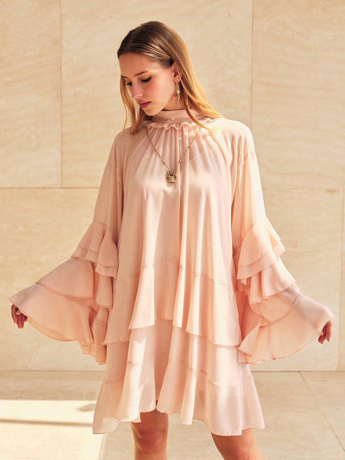 Ruffled Tiered Loose Chiffon Mini Dress