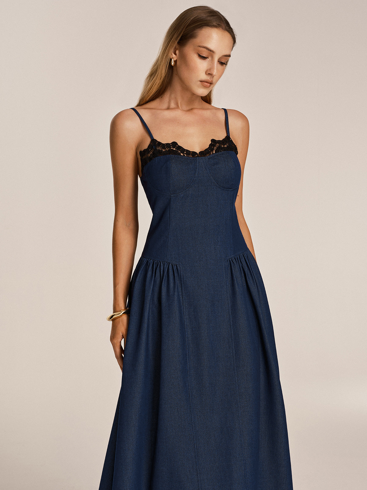 Lace Trim Faux Denim Cami Maxi Dress