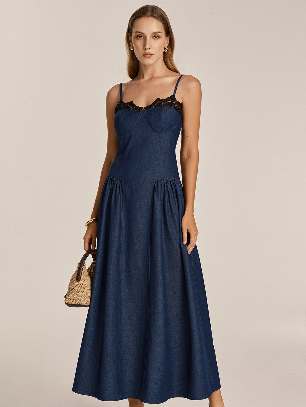 Lace Trim Faux Denim Cami Maxi Dress