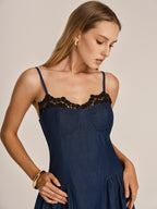 Lace Trim Faux Denim Cami Maxi Dress