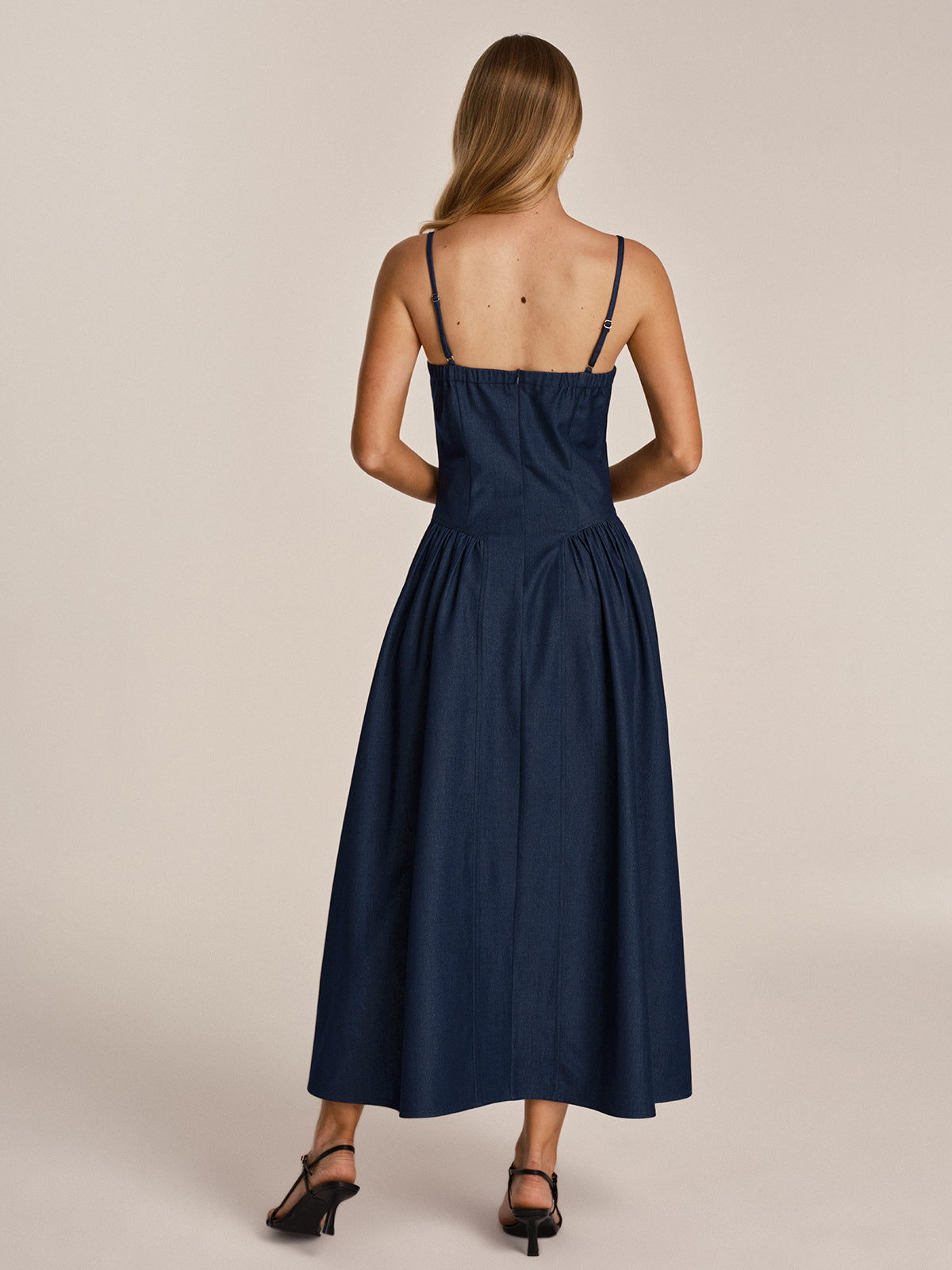 Lace Trim Faux Denim Cami Maxi Dress