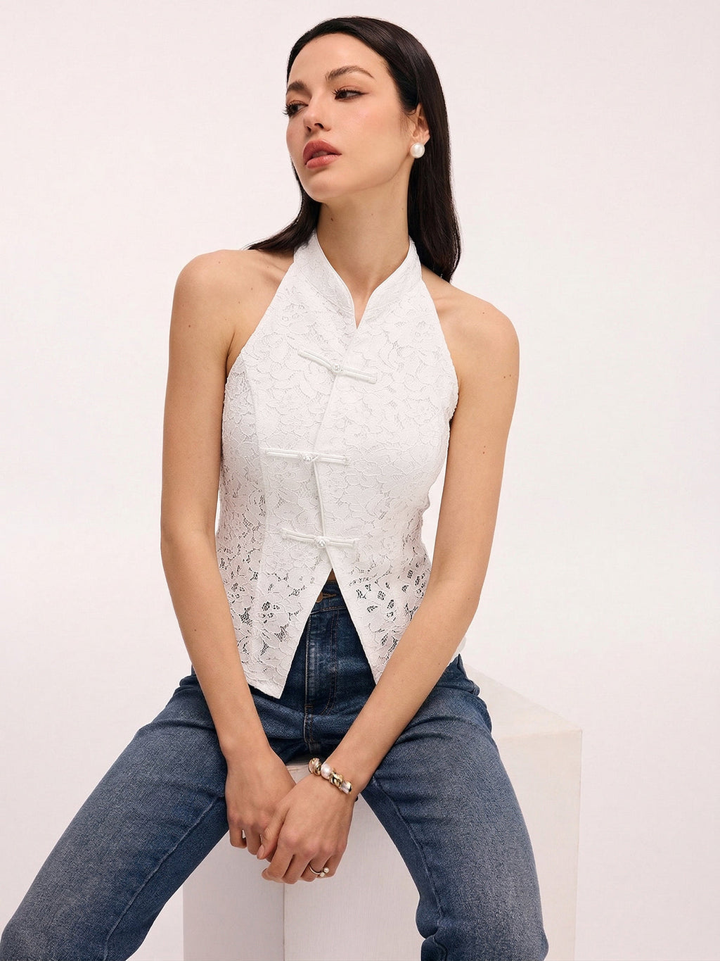 Lace Frog Button Halter Top