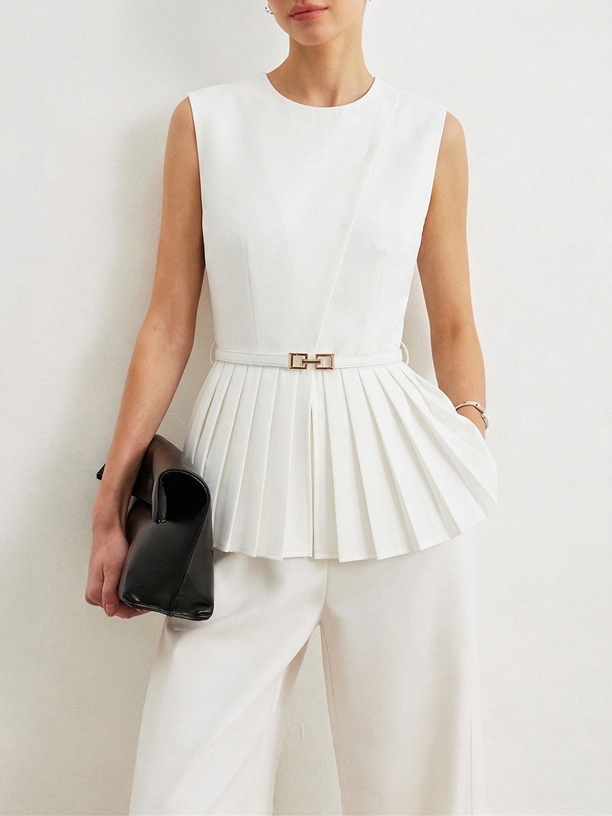 Belted Sleeveless Pleated Peplum Top