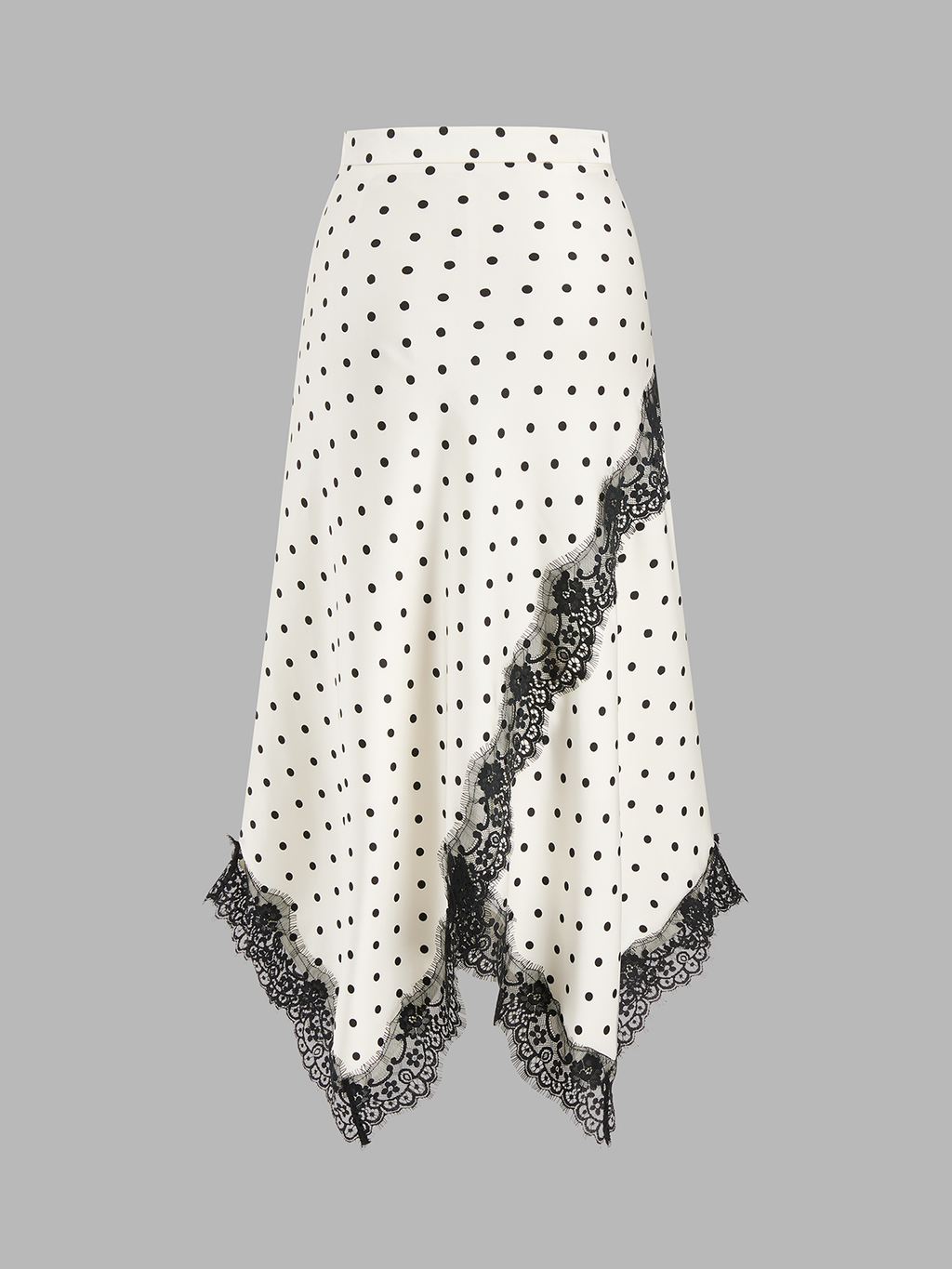 Polka Dot Lace Trim Asymmetric Midi Skirt