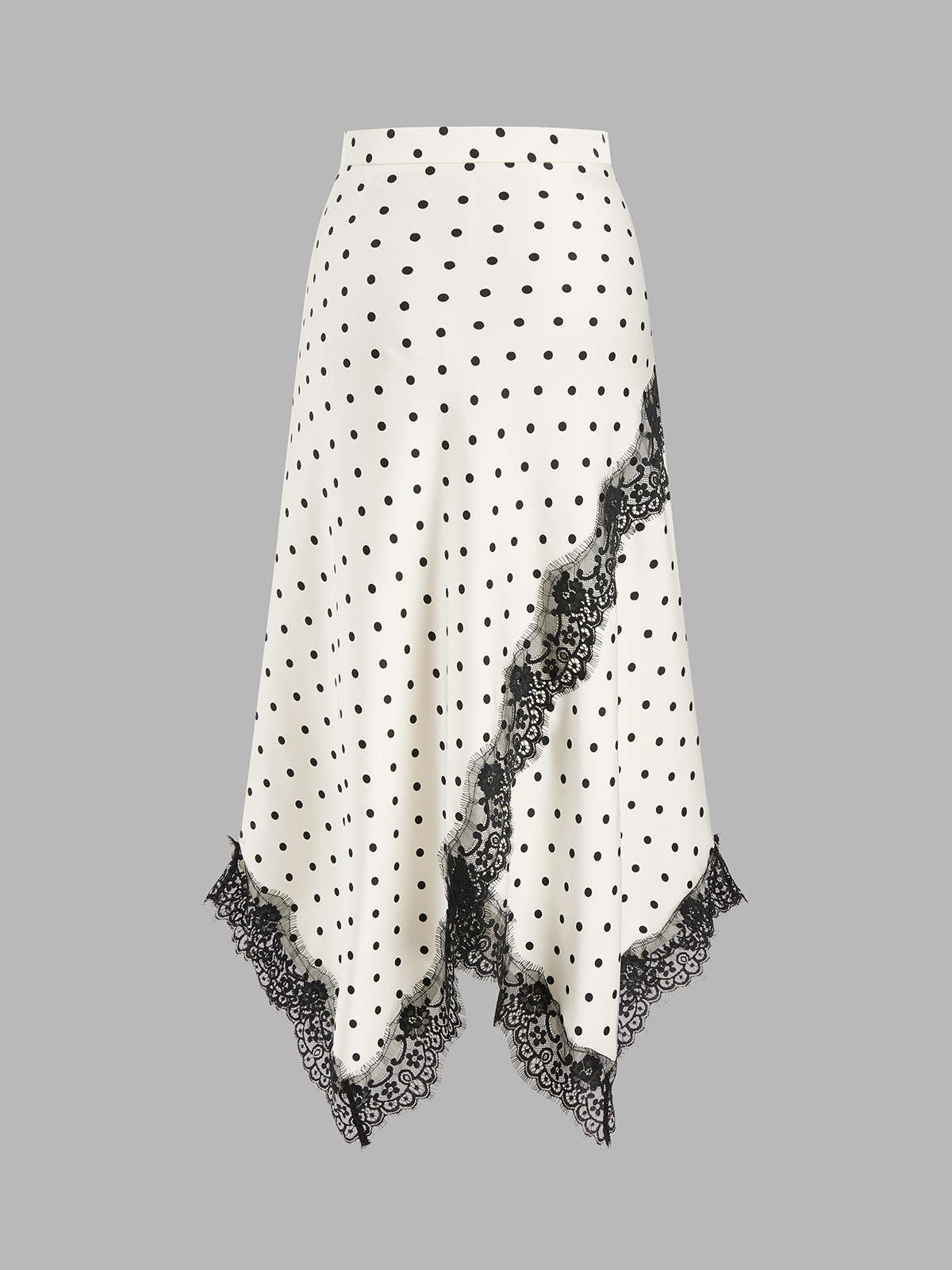 Polka Dot Lace Trim Asymmetric Midi Skirt