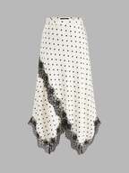 Polka Dot Lace Trim Asymmetric Midi Skirt